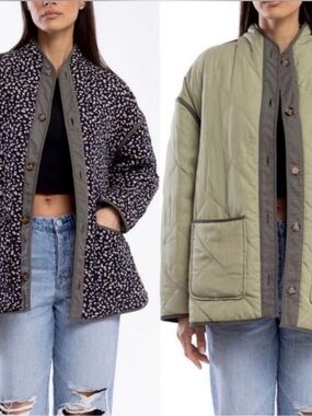Blank NYC Reversible Quilted Bomber Jacket in Olive & Black Floral